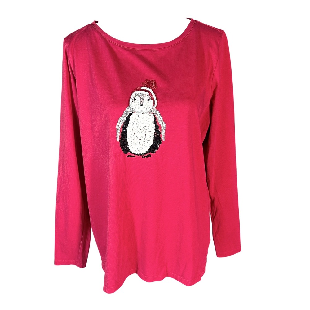 Talbots Long Sleeve Top Women 1X Red Sequin Penguin Holiday Cotton Shirt